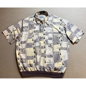 Vtg. Alan Stuart 1/4‎ Button Shirt Adult M Gray Abstract Geometric Short Sleeve
